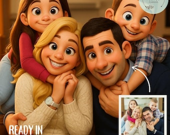 Custom Pixar Style Portrait: Family, Couple, Pet Cartoon (Digital Download