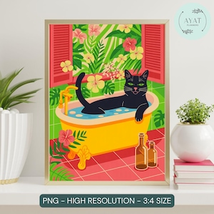Funny Cat in Bathtub Print: Bathroom Humor Wall Art (Digital Download)