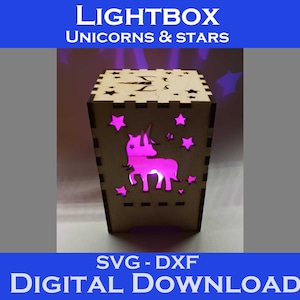 Unicorn Light Box - Design Files For Laser Cutting. SVG, DXF. - Lightbox - Cut Files - Unicorns and Stars Design - Night Light