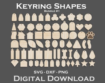 Keyring Design Files For Laser Cutting Bundle. SVG, DXF, PNG. - Keychain Designs - Cut Files - Template - Glowforge - Key Ring - Gift Tag