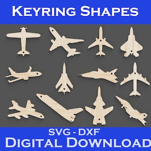 May include: Wooden airplane-shaped keyrings in various designs, including propeller planes and jets, arranged on a gray background. The text "KEYRING SHAPES" and "SVG - DXF DIGITAL DOWNLOAD" are displayed in white.