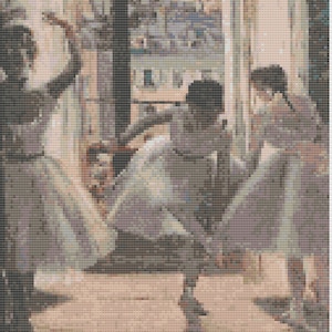 May include: A cross-stitch depiction of three ballerinas in a dance studio. The dancers are wearing white tutus and are captured mid-movement. The background shows a window with a view of a city.