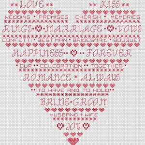 Op de afbeelding: Een rood hartvormig ontwerp met de woorden "LOVE", "KISS", "WEDDING PROMISES", "CHERISH MEMORIES", "RINGS-MARRIAGE-VOWS", "CONFETTI BEST MAN BRIDESMAID BOUQUET", "HAPPINESS FOREVER", "OUR CELEBRATION TOGETHER", "ROMANCE * ALWAYS", "TO HAVE AND TO HOLD", "BRIDE GROOM", "HUSBAND + WIFE", "JOY" en "MATT + KATHY".
