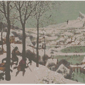 Puede incluir: Una pintura que representa una escena de invierno nevada con un grupo de personas caminando por un bosque. Los árboles están desnudos y el suelo está cubierto de nieve. Las personas visten ropa abrigada y llevan varios objetos, incluido un perro.