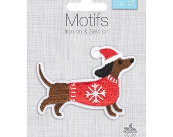 Festive Christmas Dachshund sew on or iron on embroidered motif by Trimits