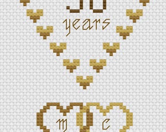 Golden Wedding Anniversary Hearts Card Cross Stitch Digital Download