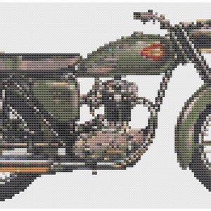 May include: A green vintage motorcycle with a chrome exhaust pipe and a black seat. The motorcycle has a round headlight and a round taillight.