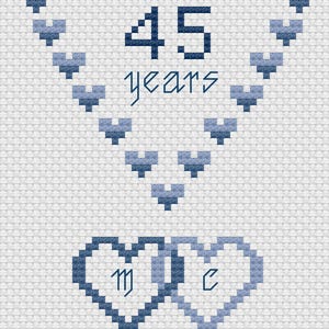Biglietto d'auguri con cuori per anniversario di matrimonio in zaffiro, punto croce, download digitale
