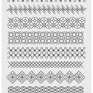 Puede incluir: Un conjunto de 12 patrones de bordado geométrico en blanco y negro. Los patrones son simples y elegantes, y serían perfectos para agregar un toque de estilo a cualquier proyecto.