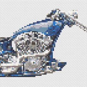 May include: A blue and silver custom motorcycle with a long, straight handlebar and a large, chrome engine. The motorcycle has a single front wheel and a rear wheel with a white spoke design.