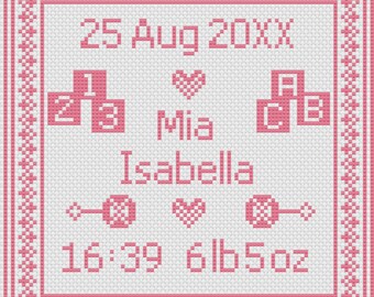 Pink Square Birth Sampler Cross Stitch Digital Download