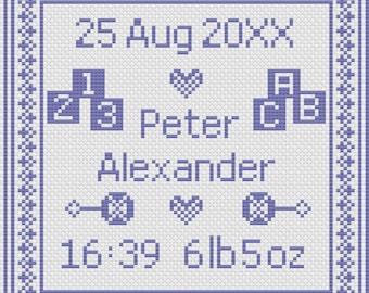 Blue Square Birth Sampler Cross Stitch Digital Download