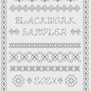 Puede incluir: Muestra de blackwork con varios patrones geométricos y bordes, incluyendo un diseño floral, un patrón cuadrado repetitivo y una simple puntada de cruz. El texto "BLACKWORK SAMPLER 202X" está incluido en el diseño.