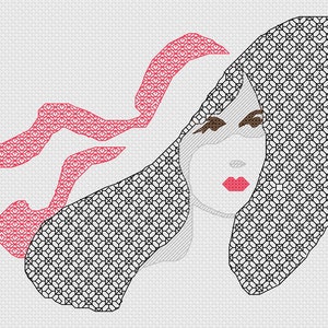Blackwork Lady in a Red Ribbon Hat Cross Stitch Digital Download