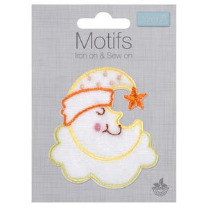 May include: An iron-on and sew-on embroidered motif patch featuring a white crescent moon with a sleeping face, pink cheeks, and an orange nightcap. A small orange star hangs from the moon, all set against a grey card labeled Motifs.
