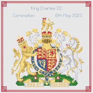 HM King Charles  III Coronation - Coat of Arms Cross Stitch Pattern Digital Download