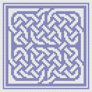 Może przedstawiać: Wzór haftu krzyżykowego w kolorze fioletowym i białym z geometrycznym wzorem. Wzór jest oprawiony w białą ramkę.
