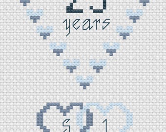 Silver Wedding Anniversary Hearts Card Cross Stitch Digital Download