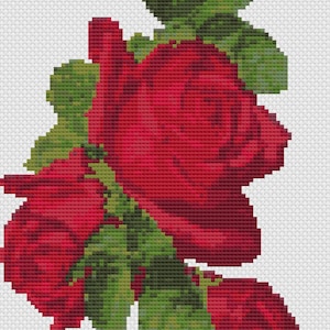 May include: A cross-stitch design featuring a bouquet of red roses with green leaves and the text "David and Jean 20XX 40th Anniversary".