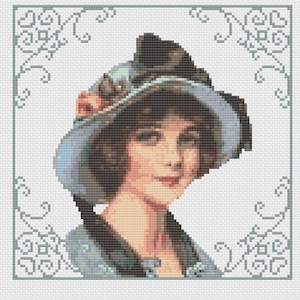 Femme au chapeau bleu, téléchargement numérique au point de croix