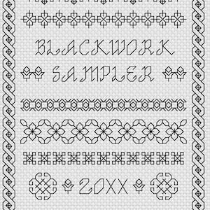 Könnte beinhalten: Blackwork-Stickmuster mit verschiedenen geometrischen Mustern und dem Text "BLACKWORK SAMPLER 20XX".