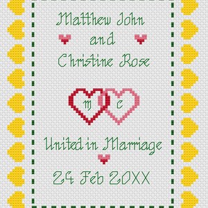 Hearts Wedding Sampler Yellow Cross Stitch Digital Download