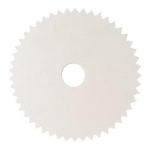 May include: A circular white paper disc featuring a serrated, saw-tooth edge and a single, centred circular hole. The object is flat, thin, and uniform in colour, presenting a clean, die-cut appearance with sharp, evenly spaced points around the perimeter.