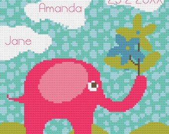 Pink Elephant Birth Sampler Cross Stitch Digital Download