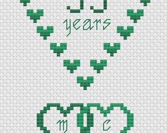 Emerald Wedding Anniversary Hearts Card Cross Stitch Digital Download