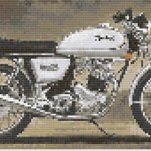 May include: A classic motorcycle with a white fuel tank and seat, chrome detailing, and black tyres. The motorcycle features a round headlight and a single seat. The image is a pixelated illustration.