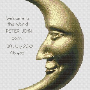 Man in the Moon Birth Sampler Cross Stitch Digital Download