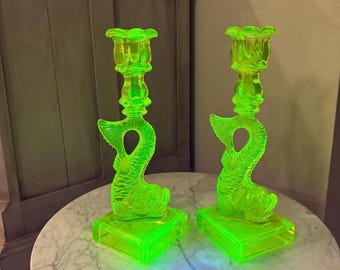 Vintage Pair of MMA Imperial Vaseline Uranium 10” Chinese KOI/Dolphin Candlesticks