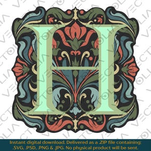 Medieval Illuminated Manuscript Letter H - Hand-Drawn Vector Design - Vintage 80s&#39; Cartoon | A2 - not AI-generated