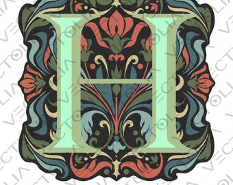 Medieval Illuminated Manuscript Letter H - Hand-Drawn Vector Design - Vintage 80s' Cartoon | A2 - not AI-generated