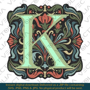 Medieval Illuminated Manuscript Letter K - Hand-Drawn Vector Design - Vintage 80s&#39; Cartoon | A2 - not AI-generated