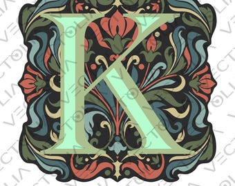 Medieval Illuminated Manuscript Letter K - Hand-Drawn Vector Design - Vintage 80s' Cartoon | A2 - not AI-generated