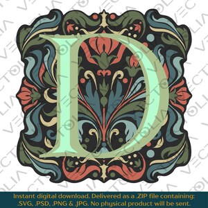 Medieval Illuminated Manuscript Letter D - Hand-Drawn Vector Design - Vintage 80s&#39; Cartoon | A2 - not AI-generated