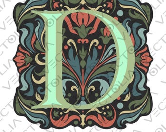 Medieval Illuminated Manuscript Letter D - Hand-Drawn Vector Design - Vintage 80s' Cartoon | A2 - not AI-generated