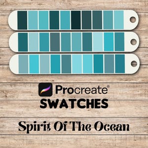 May include: Procreate swatches for digital art, titled "Spirit Of The Ocean". The swatches feature a gradient of blue and teal colours.