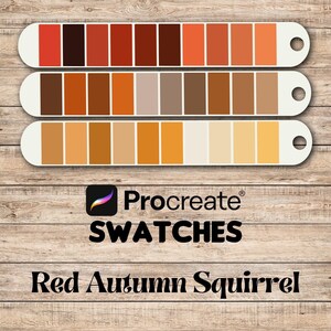May include: A digital color palette for the Procreate app, featuring 18 shades of red, orange, and brown. The palette is titled "Red Autumn Squirrel".