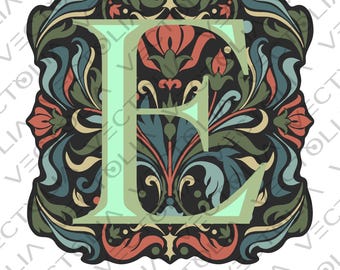 Medieval Illuminated Manuscript Letter E - Hand-Drawn Vector Design - Vintage 80s' Cartoon | A2 - not AI-generated