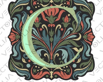 Medieval Illuminated Manuscript Letter C - Hand-Drawn Vector Design - Vintage 80s' Cartoon | A2 - not AI-generated