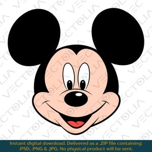 Op de afbeelding: Een cartoonillustratie van Mickey Mouse's gezicht. Mickey heeft grote zwarte oren, grote ronde ogen, een zwarte neus en een brede, tanden glimlach.