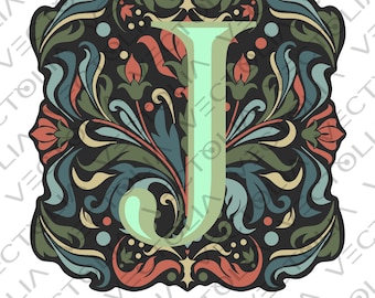 Medieval Illuminated Manuscript Letter J - Hand-Drawn Vector Design - Vintage 80s' Cartoon | A2 - not AI-generated