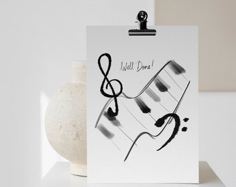 Well Done Passed Music Exam Piano Keys Celebration Congratulations Greetings Card A6 Blank Original Watercolour Style Art Minimalist