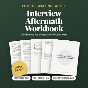 May include: A digital workbook titled Interview Aftermath Workbook with the subtitle Confidence for the post-interview wait. The document includes multiple pages of text, a yellow circular badge stating PRINT READY, and labels for PRINTABLE PDF, US LETTER + A4, and INSTANT DOWNLOAD.