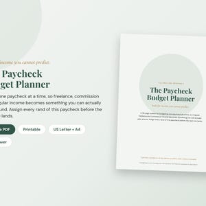 May include: A digital budget planner document titled The Paycheck Budget Planner with dark green text on a light green background. The document includes sections for fillable PDF, printable, US Letter, A4, and ink-saver options for financial tracking.