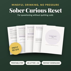 Peut inclure: Un cahier d'exercices numérique intitulé Sober Curious Reset avec des pages contenant du texte, des listes de contrôle et des journaux. Le document inclut des sections comme The Social Pressure, The Curiosity Log et une page d'accueil. Un badge jaune indique PRINT READY.