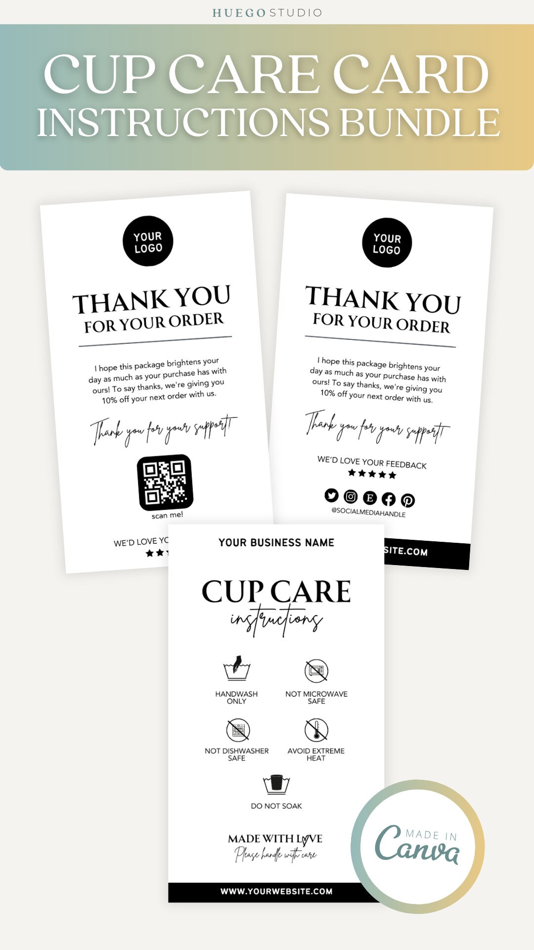 Editable Tumbler Cup Care Instructions Card Guide Template Bundle ...