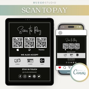 Modifiable DIY Scan to Pay Card Sign Modèle Canva modifiable Modèle de signe de code QR CashApp Paypal Sign Small Business Venmo Payment Imprimable